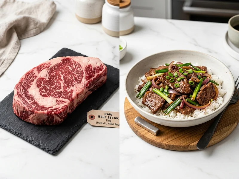 So sánh trực quan 1kg thịt bò sống và đĩa thịt bò xào chín 680g sau khi hao hụt nước