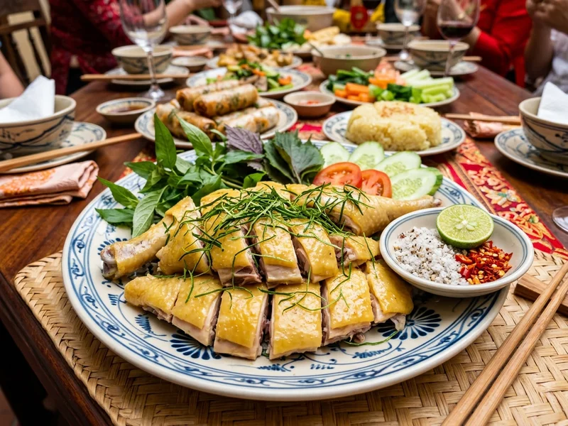 Đĩa thịt gà luộc vàng óng chặt nghệ thuật rắc lá chanh thái chỉ trên mâm cỗ tiệc truyền thống