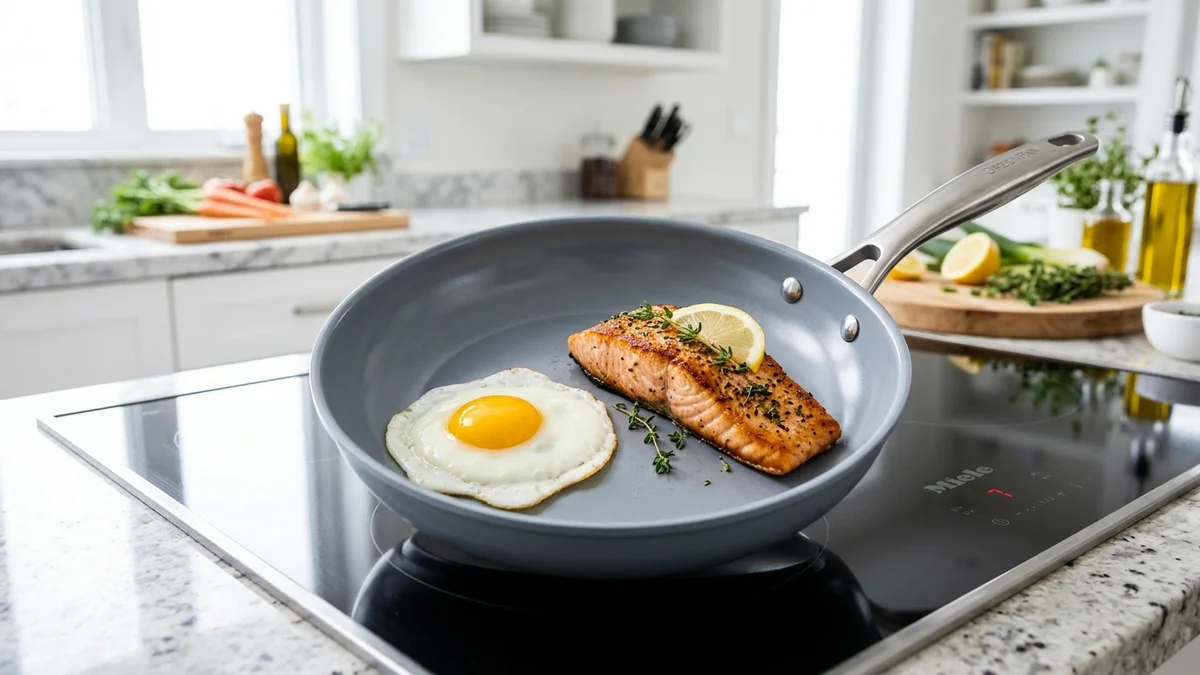 Chảo chống dính gốm ceramic cao cấp rán trứng ốp la và cá hồi trượt êm trên bếp từ không dính dầu