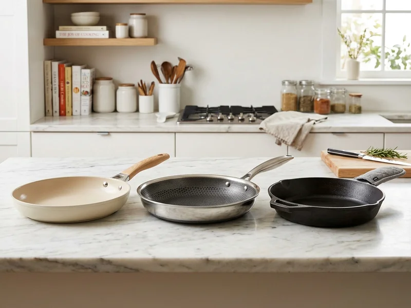 Ba loại vật liệu chảo nấu ăn gồm chảo gốm ceramic màu kem chảo inox 304 đáy tổ ong và chảo gang thô đặt trên bàn bếp
