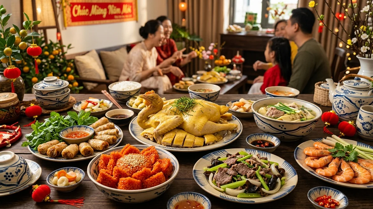 Mâm cỗ truyền thống Việt Nam đủ món gà luộc nem rán tôm hấp xôi gấc bò xào và canh măng sum vầy gia đình