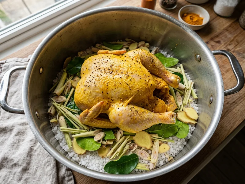 Gà ta thoa nước cốt nghệ đặt trên đệm sả gừng ủ muối hạt