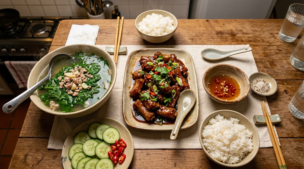 Mâm cơm gia đình chuẩn 3 món sườn xào chua ngọt canh rau ngót thịt băm và dưa leo Feedy