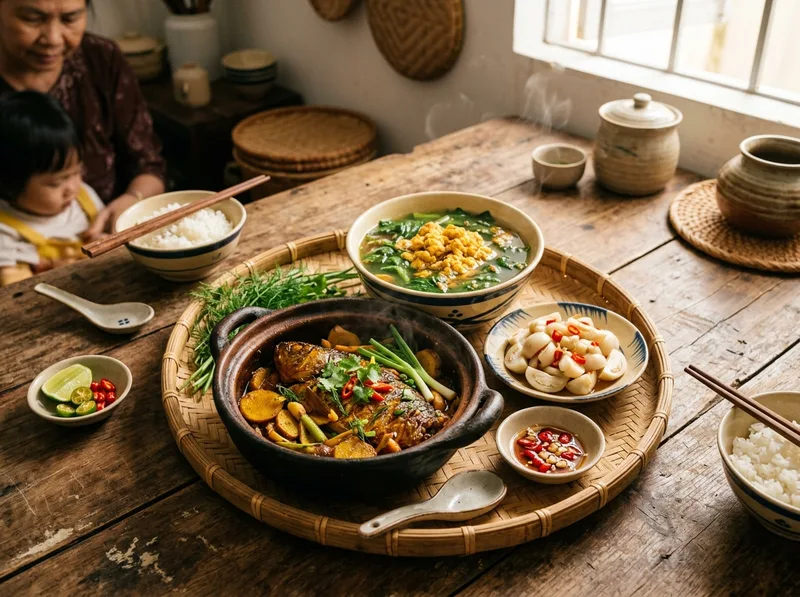 Mâm cơm gia đình miền Bắc cá chép kho riềng canh cua rau đay và cà pháo giòn