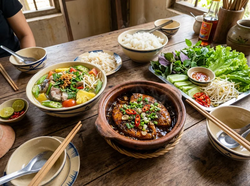 Mâm cơm gia đình miền Nam cá nục kho tộ canh chua cá lóc bắp chuối và rau sống