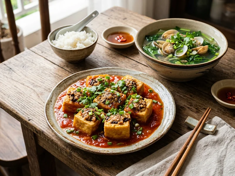 Mâm cơm thanh đạm đậu hũ sốt cà canh ngao nấu chua
