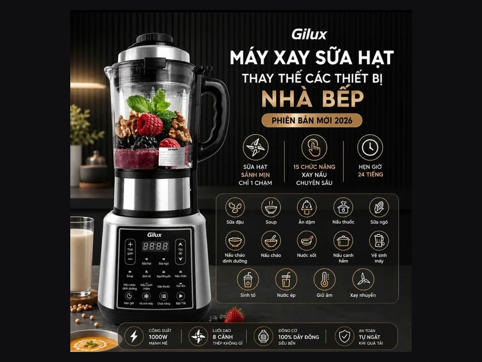 Máy làm sữa hạt đa năng Gilux GLP18 PRO nắp inox chính hãng