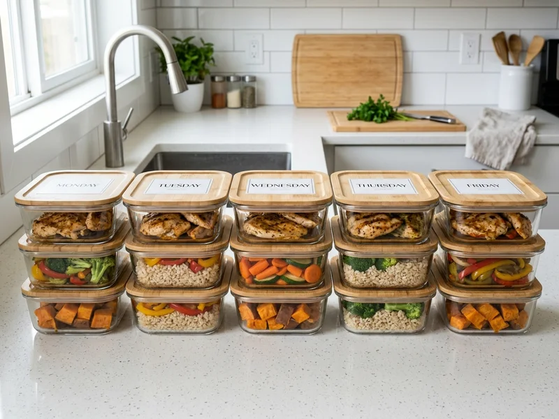 Các hộp thủy tinh chia khẩu phần thức ăn meal prep từ thứ hai đến thứ sáu xếp ngay ngắn trong bếp