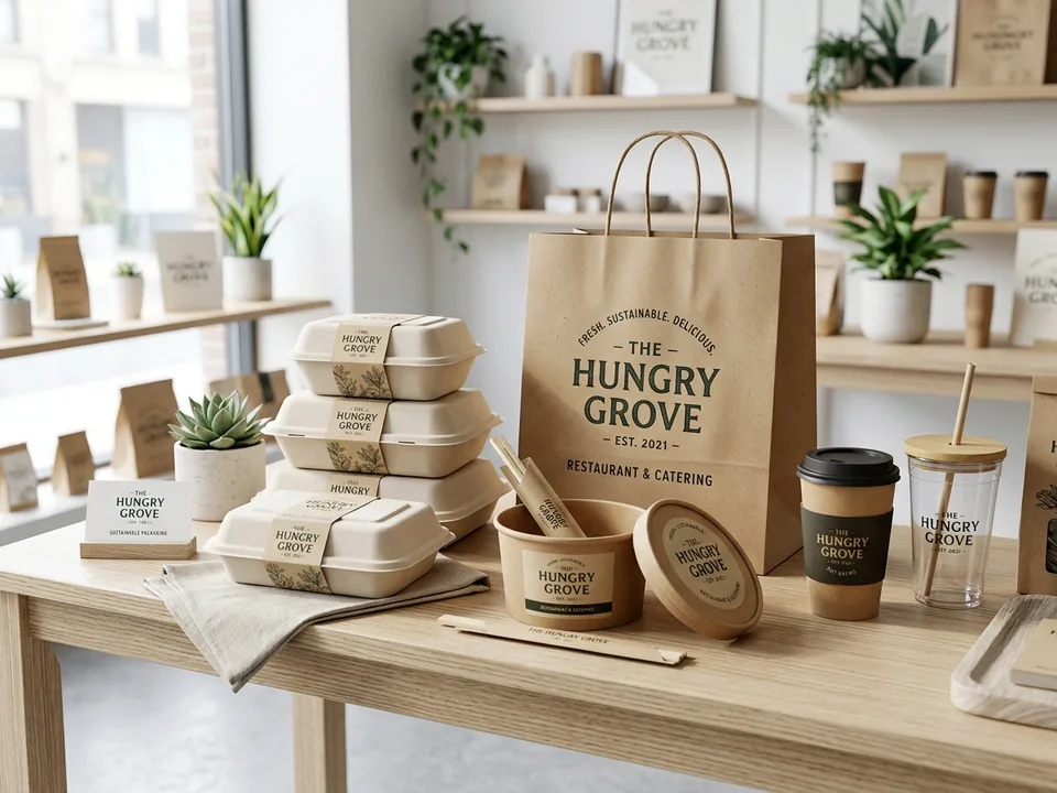 Xưởng in bao bì hộp bã mía tô giấy và túi kraft in logo thương hiệu F&B