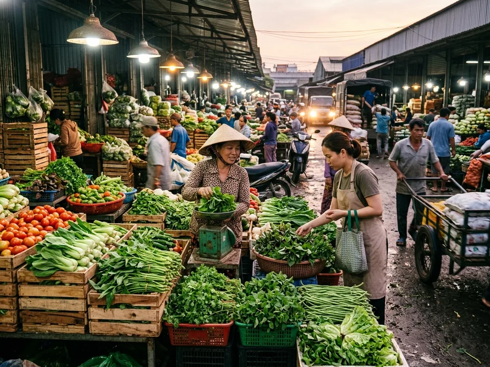 Cảnh giao dịch tấp nập tại chợ đầu mối nông sản thực phẩm tươi sống