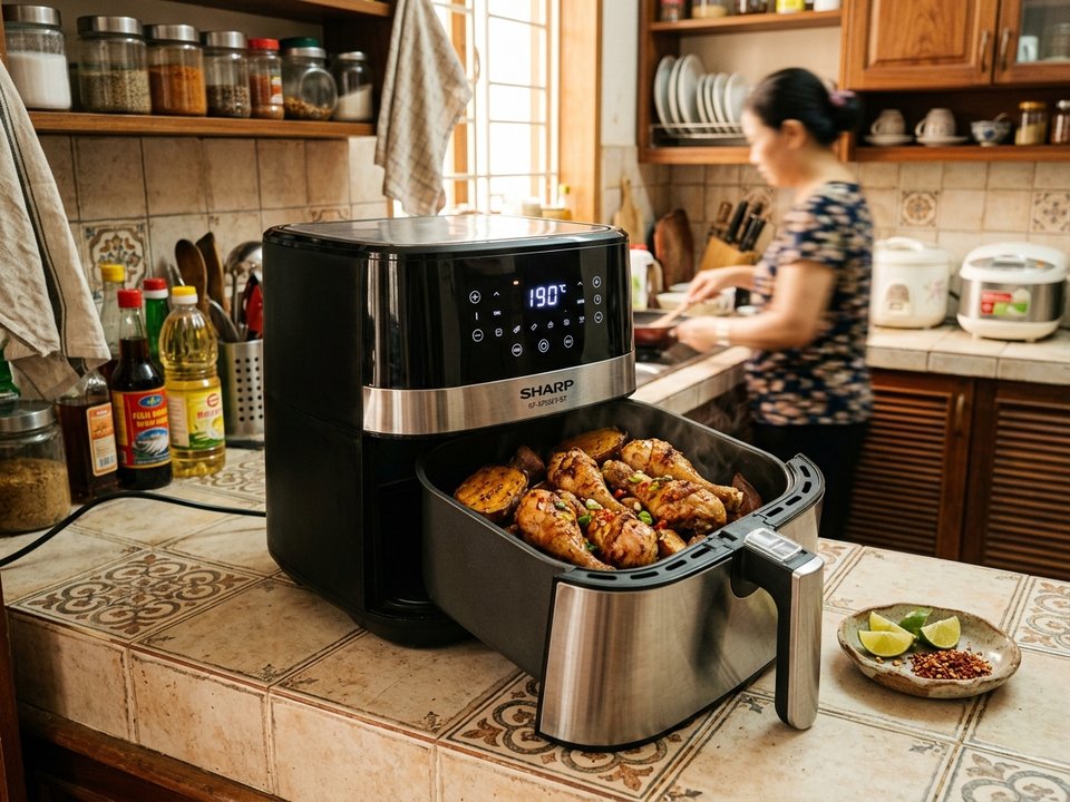 Nồi chiên không dầu Sharp KF-AF55EV-ST nướng đùi gà chiên xù và khoai lang mật Feedy