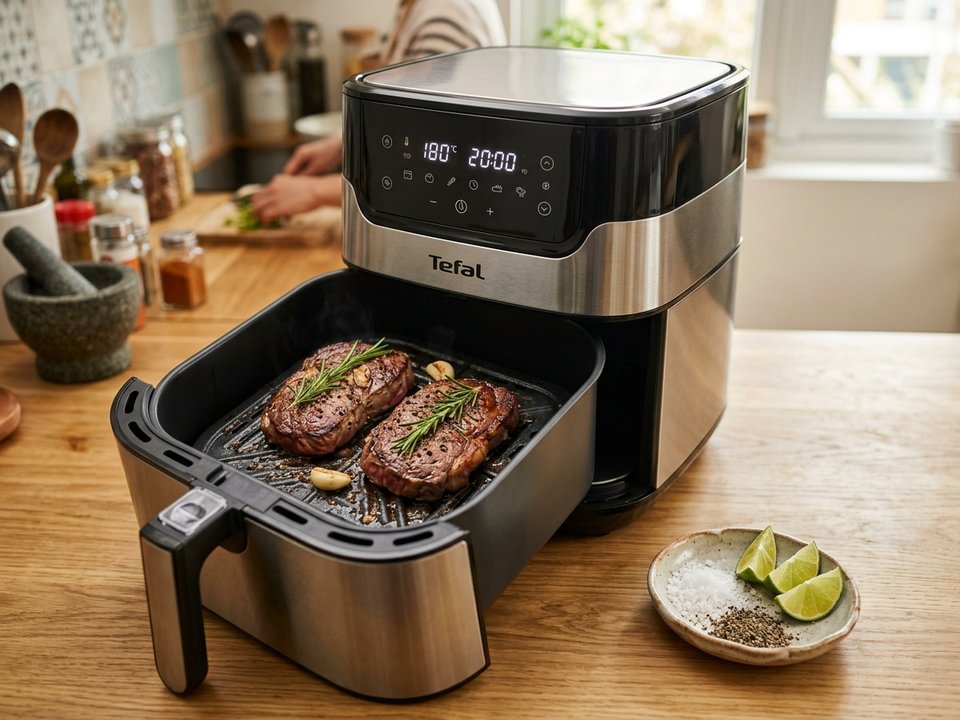 Nồi chiên không dầu Tefal EY505D15 nướng bít tết bò xém vân kim cương Feedy