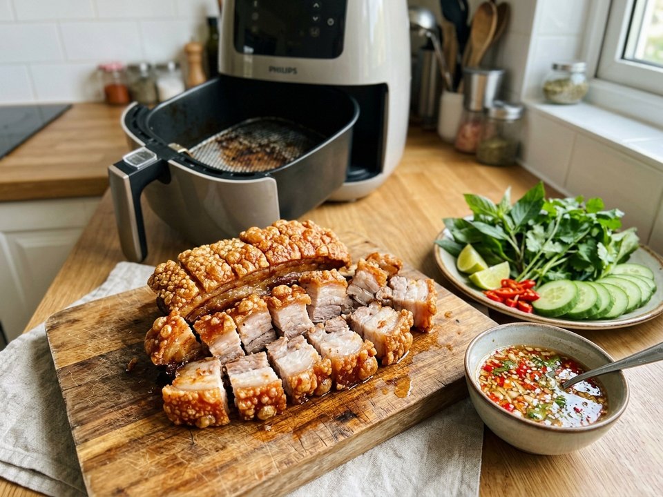 Thịt heo quay giòn bì nổ bung hoa rôm rốp bằng nồi chiên không dầu Feedy