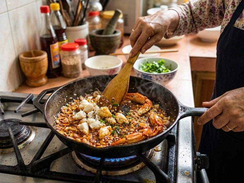 Xào thịt cua biển và càng cua tươi trong chảo dầu màu điều đỏ cam óng ả thơm nức