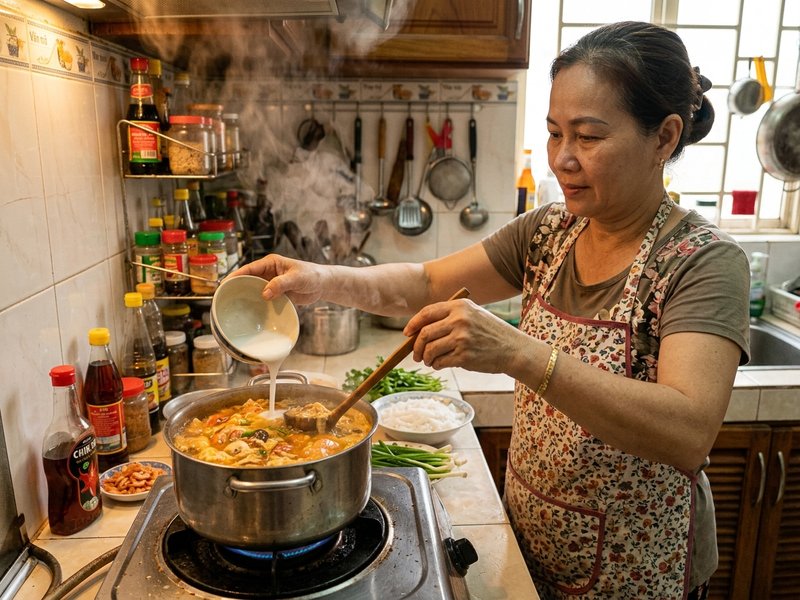 Rót từ từ bột năng hòa tan vào nồi nước dùng bánh canh cua khuấy đều tay tạo độ sệt sánh bóng