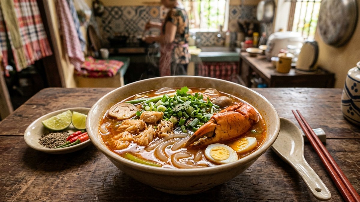 Tô bánh canh cua nước dùng sệt màu đỏ cam óng ả với càng cua thịt cua nấm rơm trứng cút thơm lừng