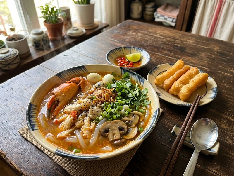 Tô bánh canh cua nước dùng sệt hoàn chỉnh ăn kèm dĩa bánh quẩy giòn tan và chén mắm ớt chanh cay nồng