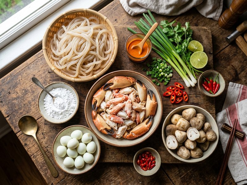 Khay nguyên liệu nấu bánh canh cua gồm thịt cua càng cua sợi bánh canh nấm rơm trứng cút dầu màu điều bột năng