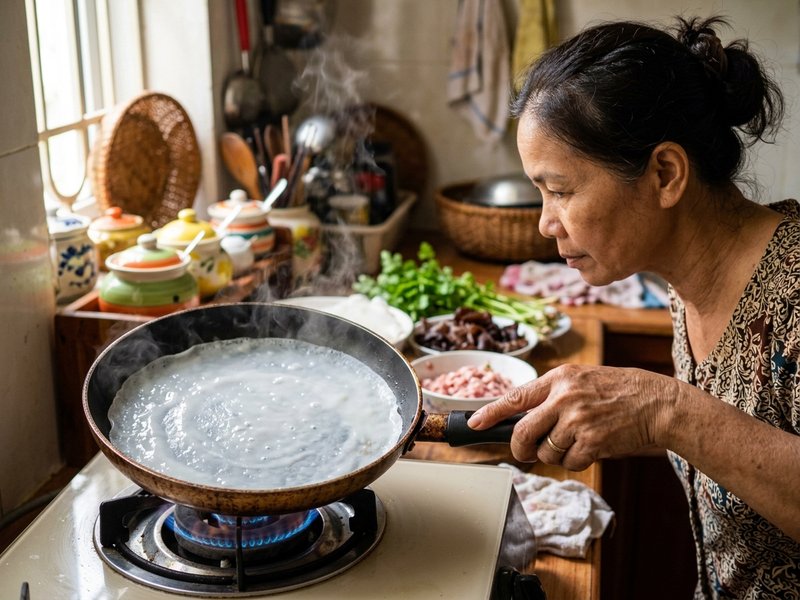 Người nội trợ nghiêng chảo chống dính láng bột bánh cuốn thật mỏng đều trên bếp gia đình