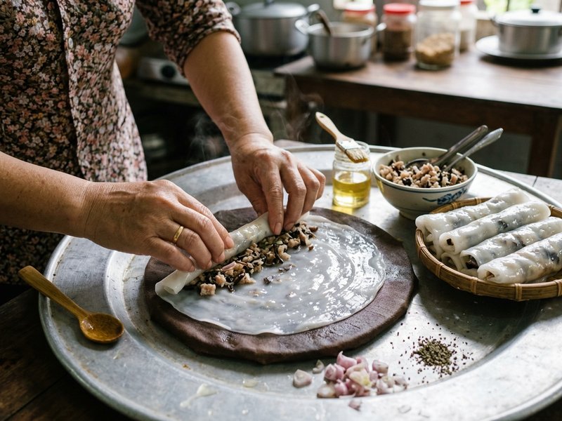 Bàn tay khéo léo cuộn nhân thịt mộc nhĩ vào giữa lá bánh cuốn mỏng trong suốt trên mâm nhôm thoa dầu