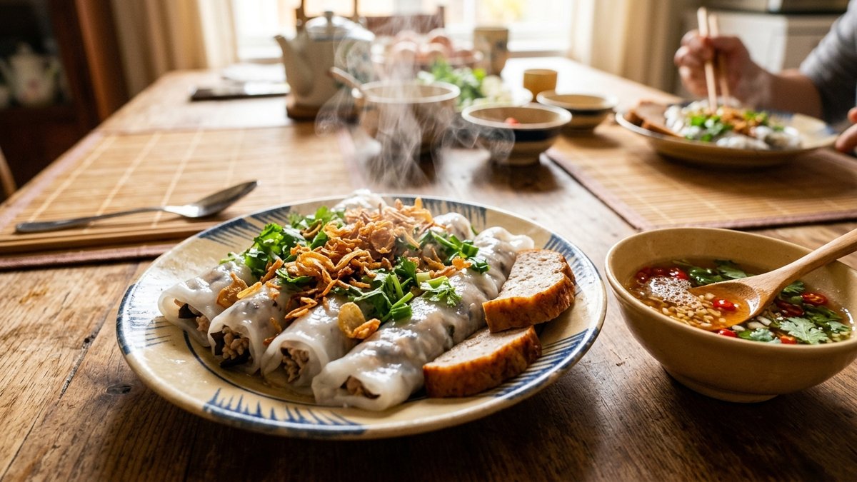 Đĩa bánh cuốn nóng bốc khói tráng bằng chảo chống dính vỏ mỏng dai ngập nhân thịt băm mộc nhĩ nấm hương hành phi chả quế