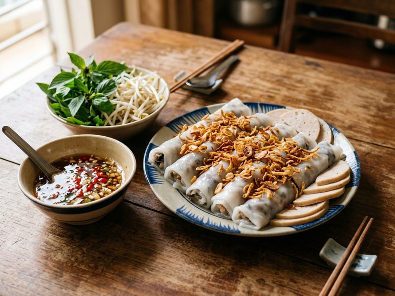 Đĩa bánh cuốn nóng hoàn chỉnh xếp ngay ngắn ngập tràn hành phi giòn chả quế và bát nước mắm ấm