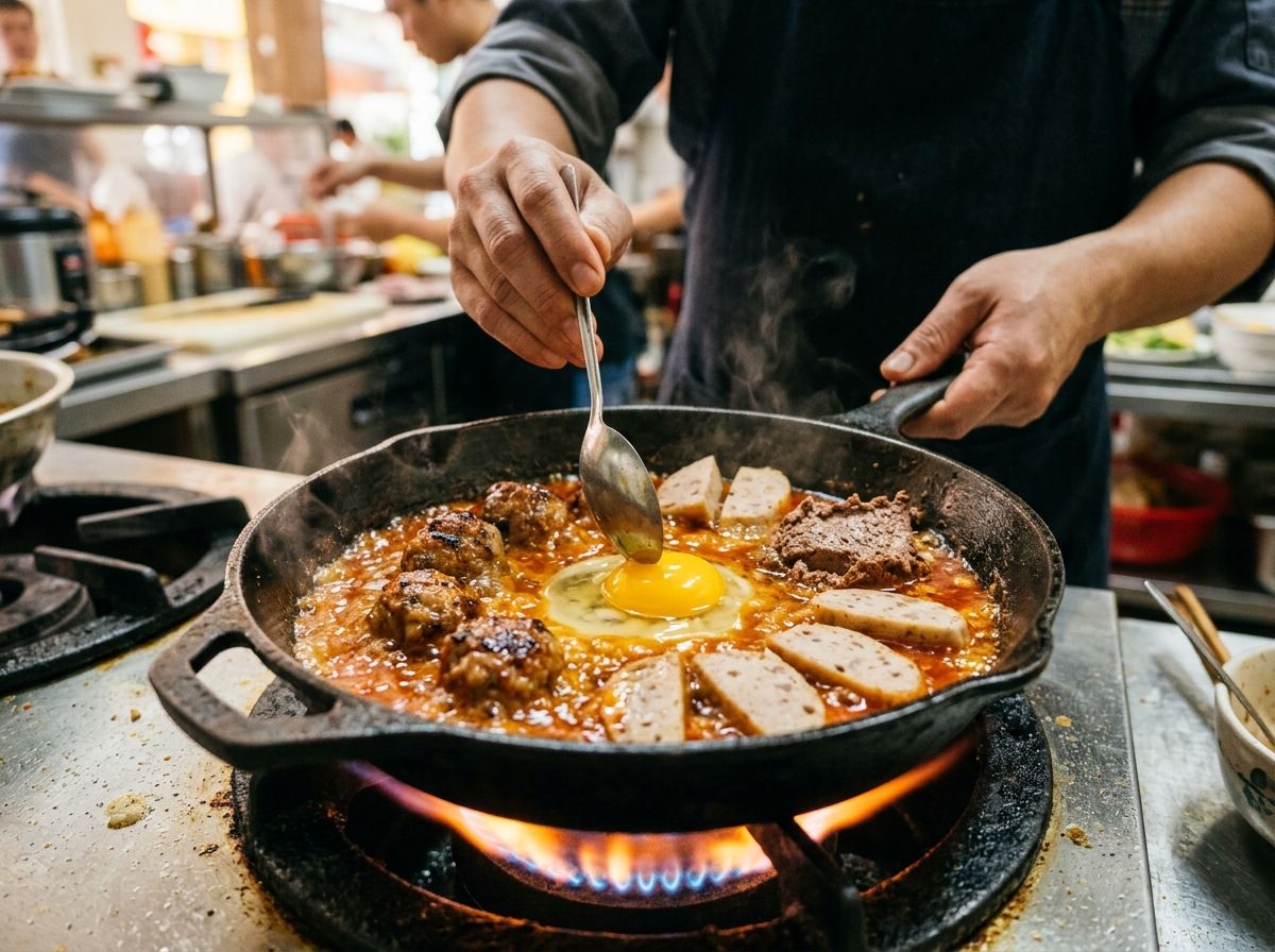 Xếp topping xíu mại pate trứng vào chảo gang nóng