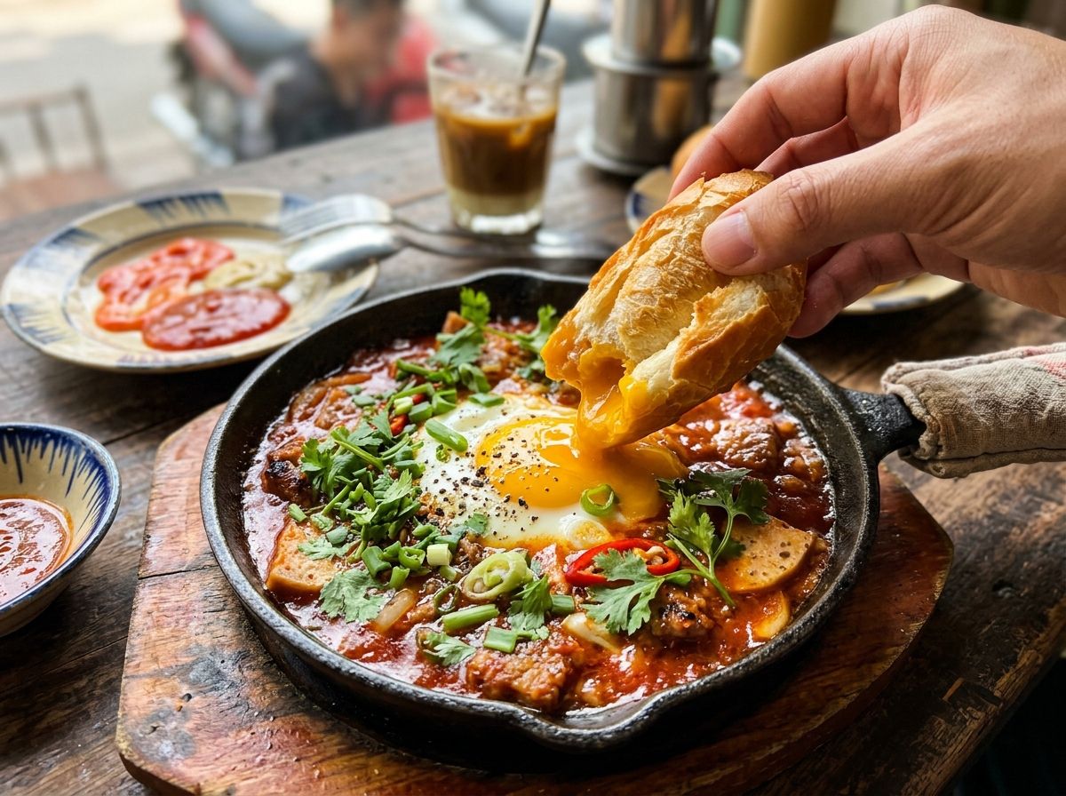 Chấm miếng bánh mì giòn tan vào lòng đỏ trứng và sốt cà chua
