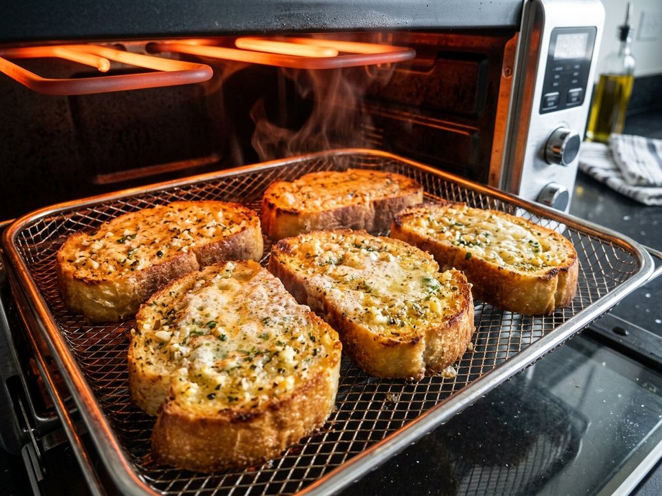 Các lát bánh mì bơ tỏi đang được nướng vàng ruộm trong giỏ nồi chiên không dầu chuẩn Bếp trưởng Feedy