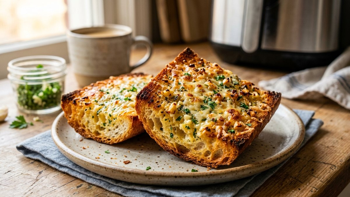 Đĩa bánh mì bơ tỏi nướng bằng nồi chiên không dầu vàng ruộm giòn tan chuẩn Bếp trưởng Feedy