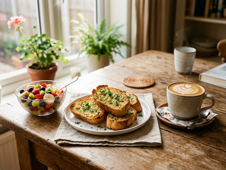 Bàn ăn sáng thơm ngon với đĩa bánh mì bơ tỏi giòn tan bên tách cà phê latte nóng ấm