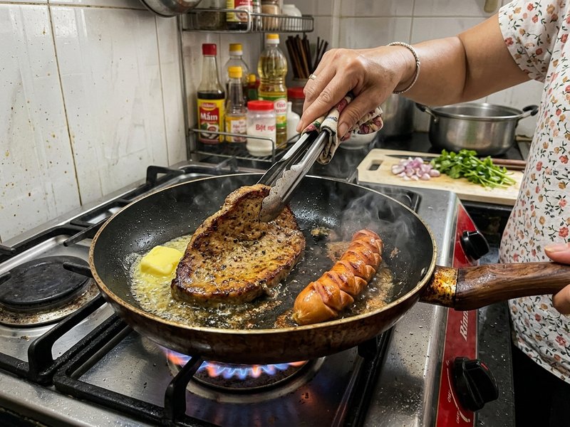 Áp chảo miếng pate gan xém cạnh thơm lừng với bơ lạt và chiên xúc xích vảy rồng nở giòn trên chảo
