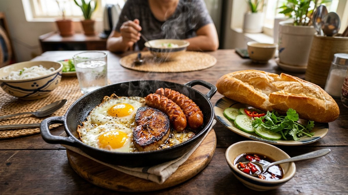Chảo bánh mì ốp la 2 trứng lòng đào viền giòn pate áp chảo xém cạnh xúc xích khía vảy rồng và bánh mì giòn