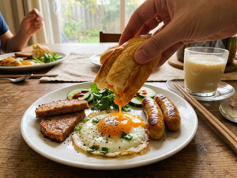 Đĩa bánh mì ốp la xúc xích pate hoàn chỉnh bẻ đôi bánh mì quệt lòng đào béo ngậy bên ly sữa đậu nành nóng