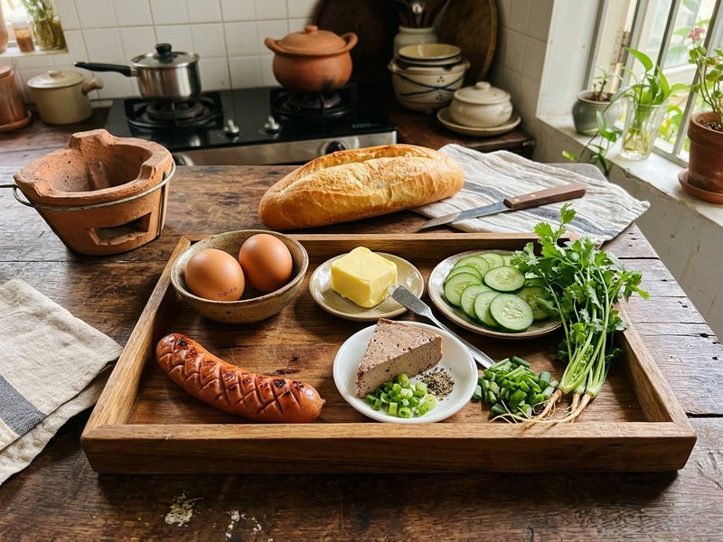 Khay nguyên liệu làm bánh mì ốp la gồm 2 quả trứng gà xúc xích khía vảy rồng pate gan bơ lạt dưa leo và bánh mì