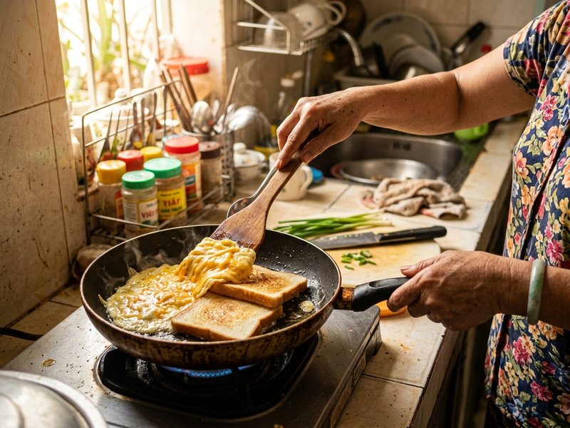 Đổ trứng vào chảo chống dính và đặt bánh mì sandwich lên lớp trứng thơm ngậy bơ lạt