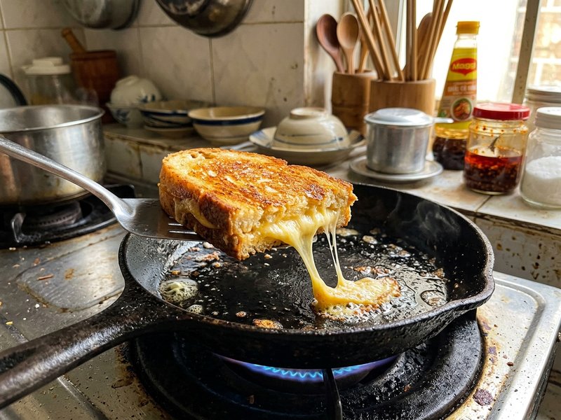Lật mặt bánh mì sandwich kẹp phô mai áp chảo vàng giòn rụm phô mai tan chảy kéo sợi