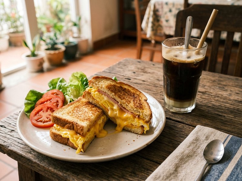 Đĩa bánh mì sandwich kẹp trứng phô mai áp chảo cắt đôi phô mai kéo sợi ăn kèm cà chua xà lách và cà phê sữa