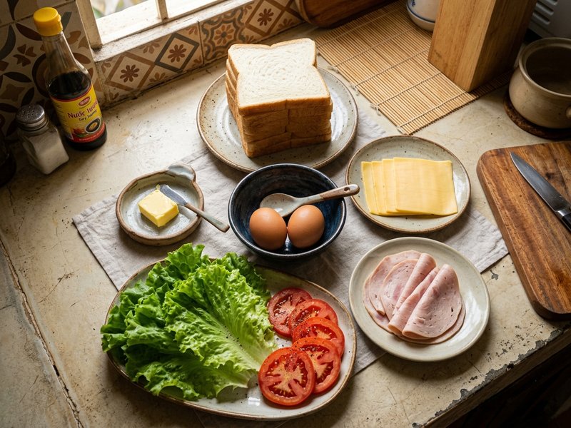 Khay nguyên liệu làm bánh mì sandwich kẹp trứng phô mai gồm bánh mì sandwich trứng gà bơ lạt phô mai cheddar tươi ngon