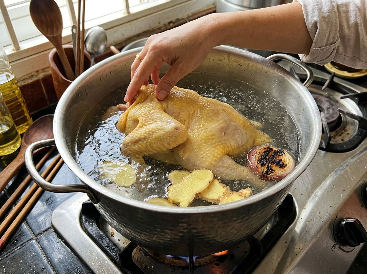 Thao tác đặt gà vào nồi nước lạnh ngập mình kèm gừng hành đun lửa liu riu