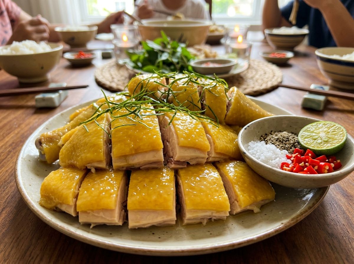 Đĩa gà luộc chặt miếng vuông vắn xếp nguyên con da vàng óng rắc lá chanh thái chỉ