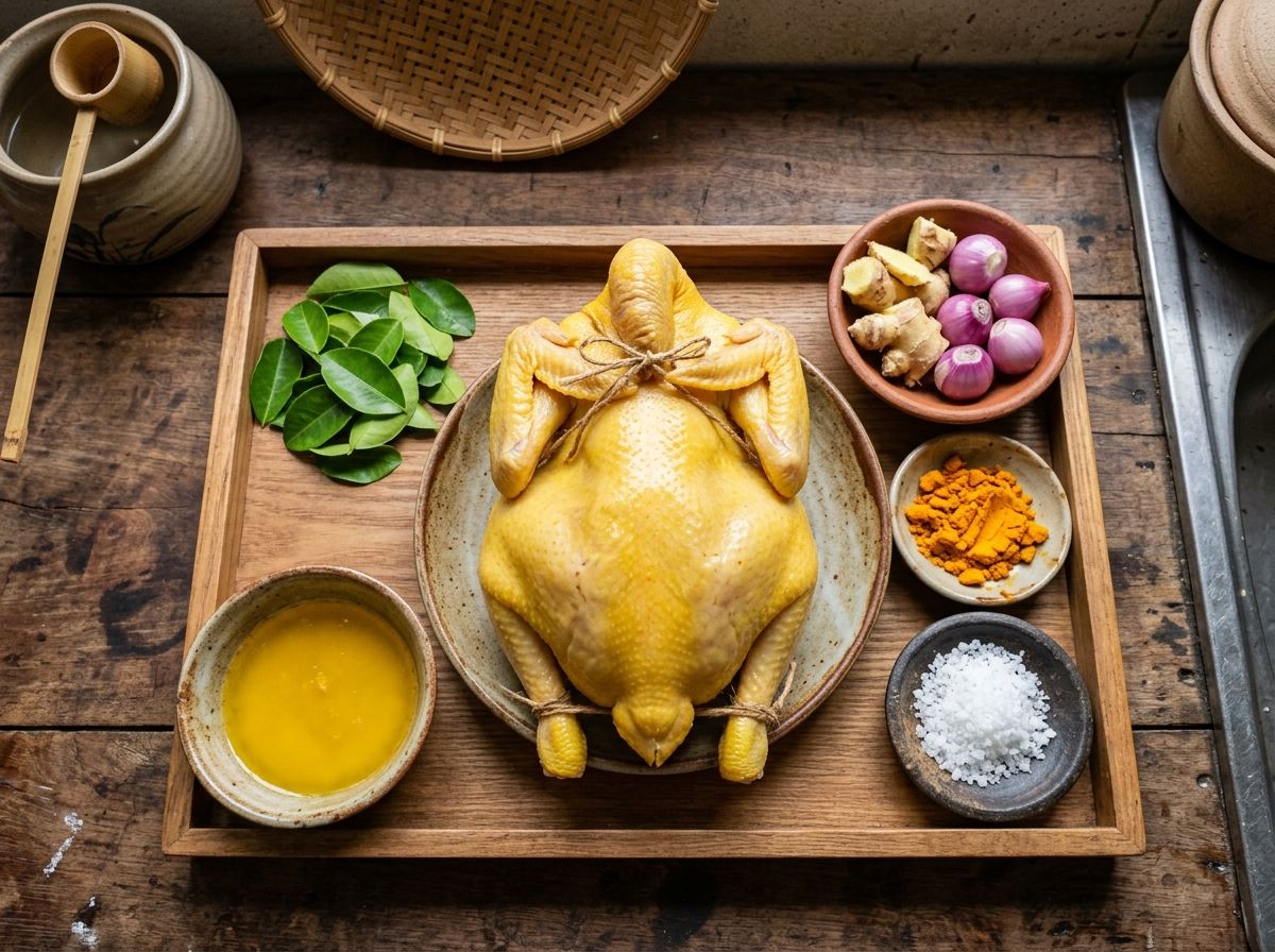 Khay nguyên liệu luộc gà cúng gồm gà ta buộc cánh tiên, gừng, hành nướng, nghệ và mỡ gà