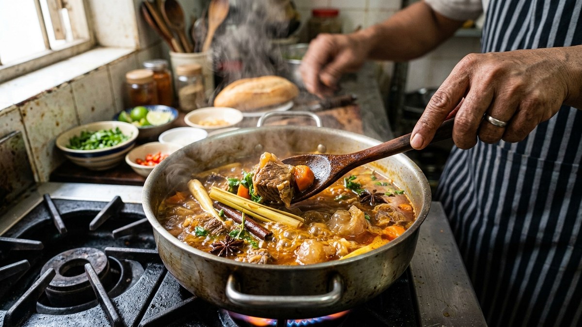 Nấu bò kho trong nồi nước dừa sôi bốc khói ngào ngạt đầu bếp khuấy đều thịt nạm bò dẻo gân cà rốt sả cây hoa hồi thơm lừng