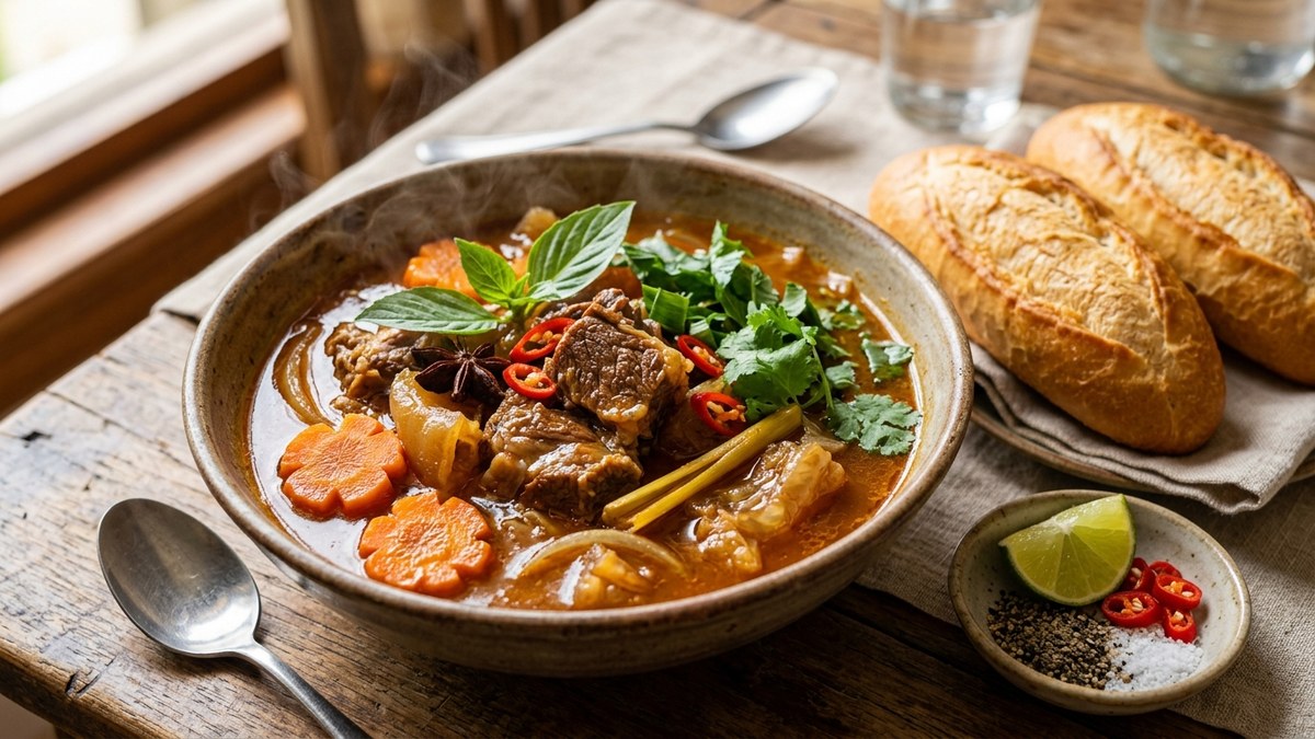 Tô bò kho bánh mì nóng hổi thơm nức thịt nạm bò mềm rục dẻo gân nước sốt đỏ cam sóng sánh cà rốt tỉa hoa bánh mì giòn rụm