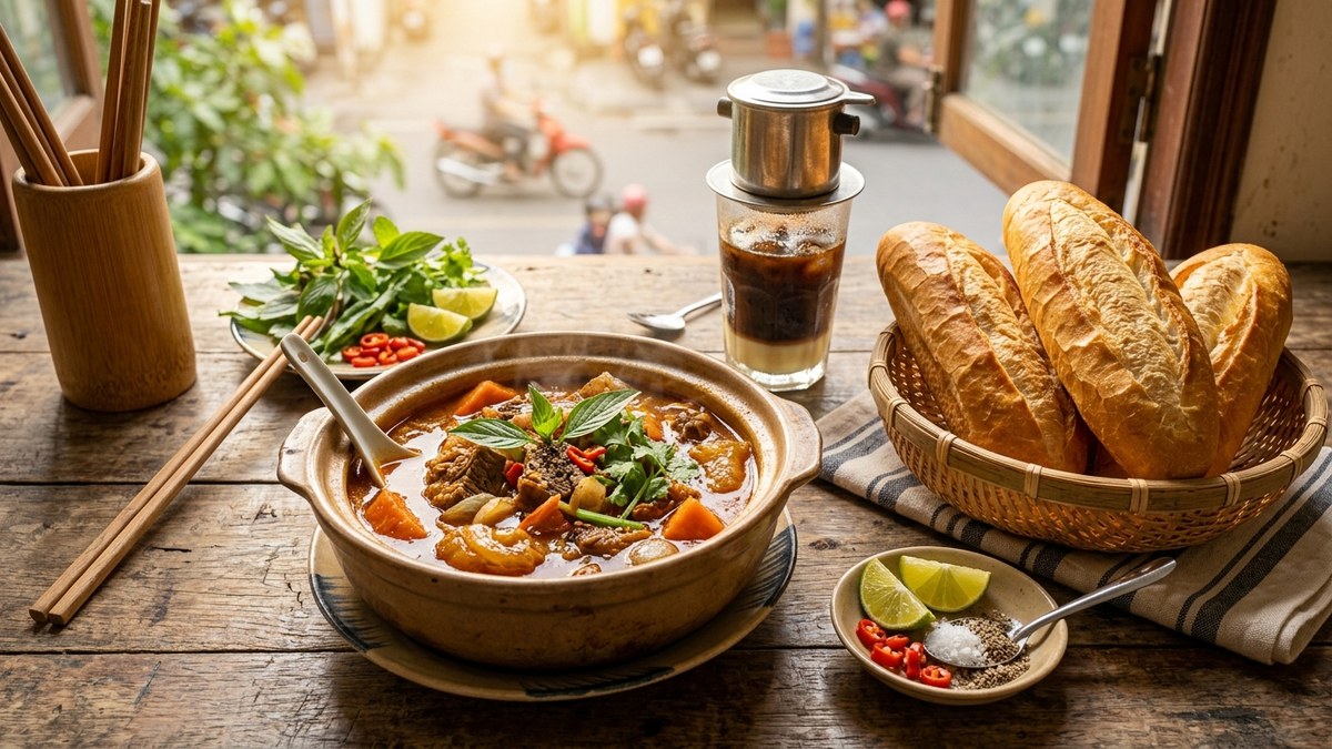 Bàn ăn mâm bò kho bánh mì Sài Gòn sáng sớm giỏ bánh mì giòn nóng ly cà phê sữa đá phin chén muối tiêu chanh