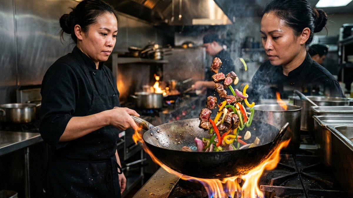 Đầu bếp xào lắc bò lúc lắc trên chảo gang bốc khói lửa lớn xém cạnh bơ tỏi thơm lừng