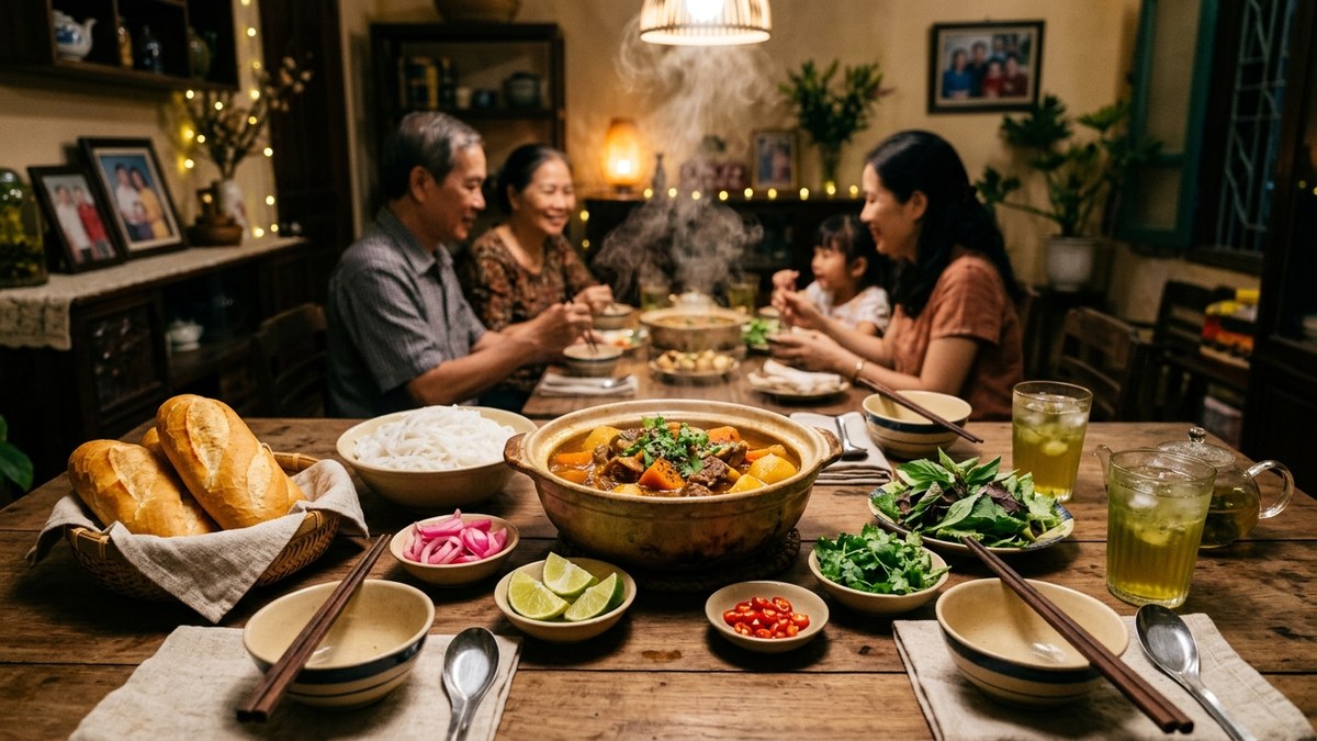 Mâm cỗ bò sốt vang hoàn thiện ăn kèm bánh mì nướng giòn rụm và rau mùi ta tươi thơm