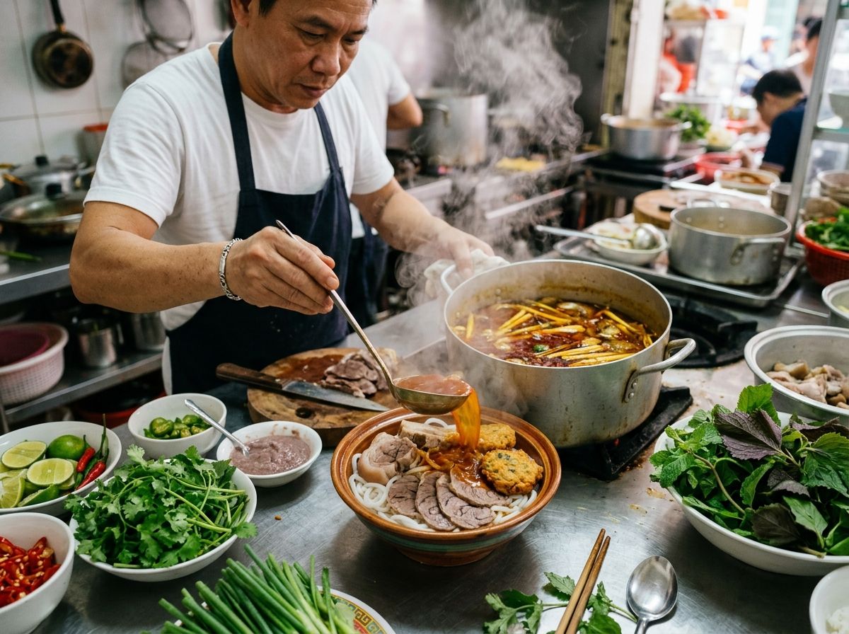Xếp bắp bò hoa móng giò chả cua vào tô bún bò Huế