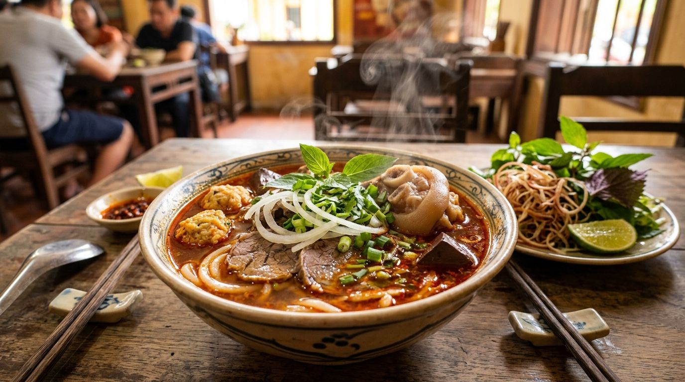 Tô bún bò Huế nước dùng đỏ rực màu điều bắp bò hoa và móng giò bốc khói