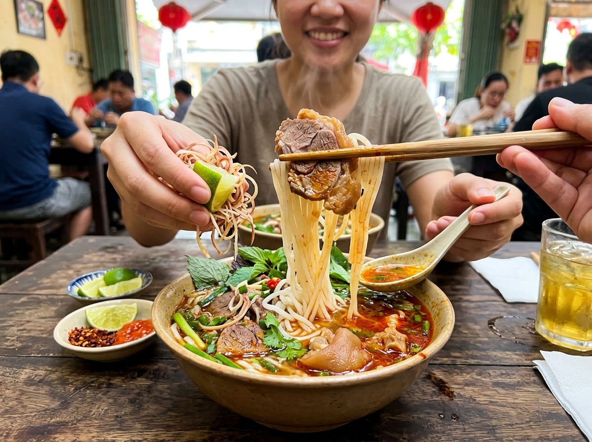 Thưởng thức tô bún bò Huế gắp bắp bò hoa kèm hoa chuối bào